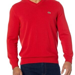 Lacoste Men's V-Neck Sweater in Vibrant Red